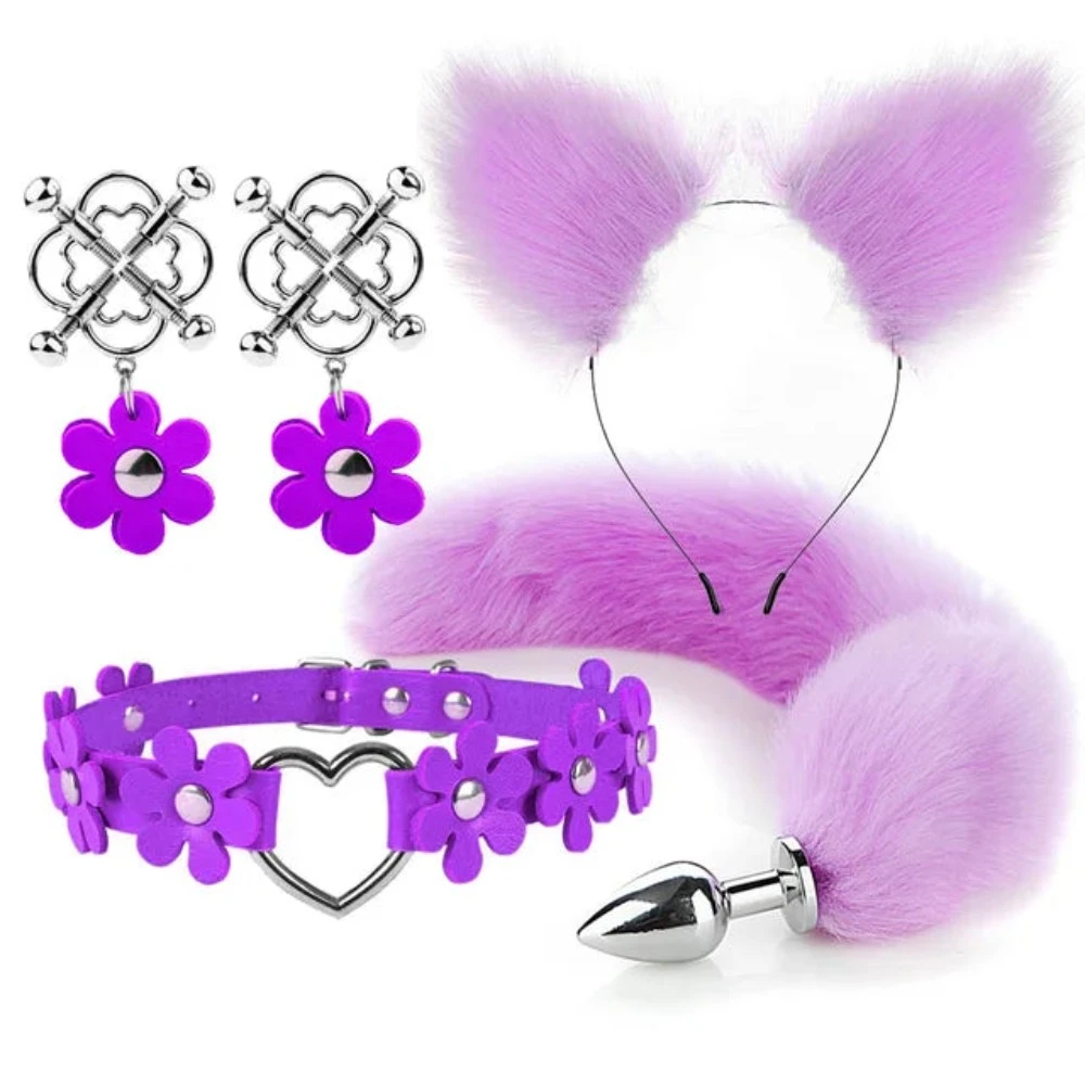 Cute Fox Tail Anal Plug Cat Ears Headbands Set Adult Games Nipple Clip Neck Collar Erotic Cosplay Sex Toys For Women