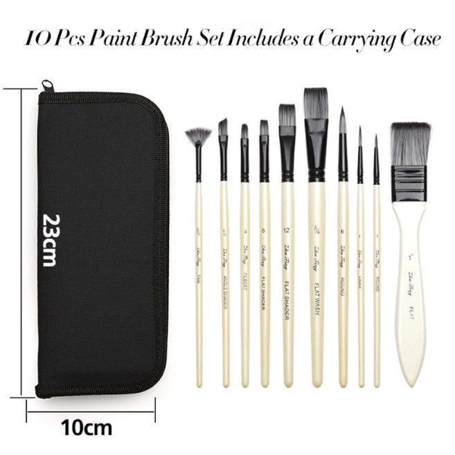 10Pcs Art Paint Brushes Set Includes Carrying Case For Kids Artists Children