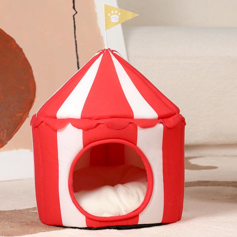 Cute Red White Circus Tent Cat Bed Indoor Pet Nest