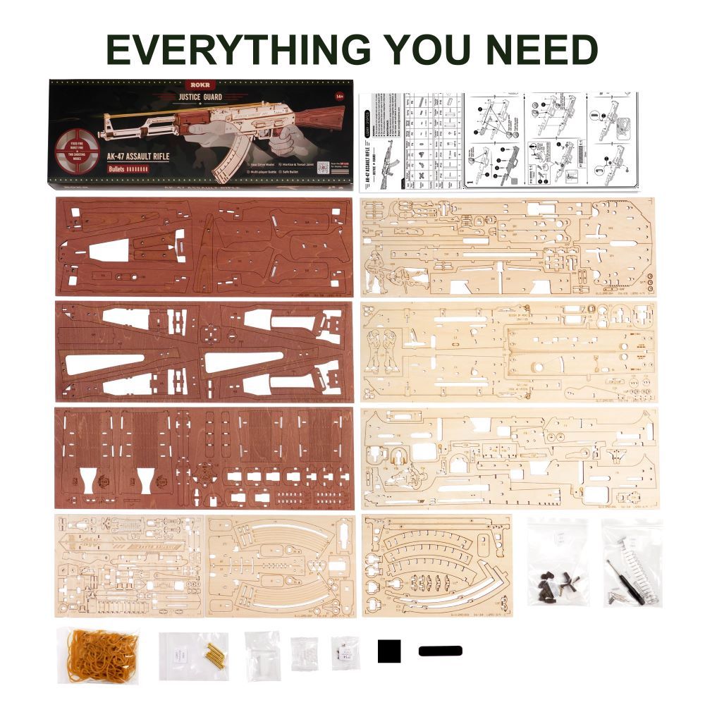 Rokr Automatic Rifle Ak 47 Wooden Assembly Gun Double Firing Modes Diy Toy For Adults Kids