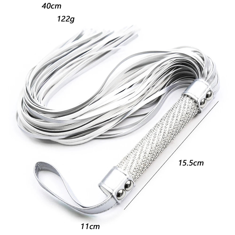 Silver Premium Pu Leather Horse Whips Training Crystal Handle Wrist Strap
