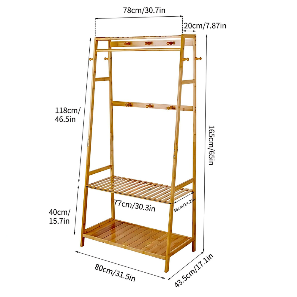 Bamboo Garment Coat Clothes Rack With Top Shelf And 2 Tier Shoe Organizer Shelves