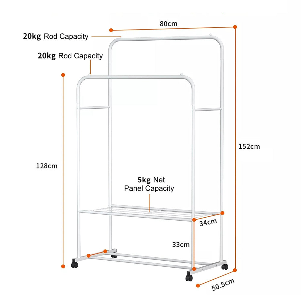 1.5M Clothes Rack Double Rail Rolling Stand Shoes Storage Shelf