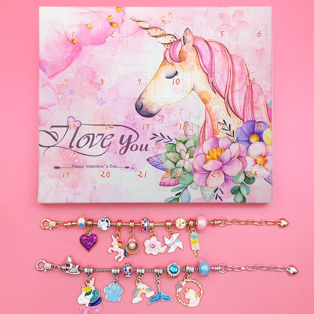 24 Countdown Calendar Unicorn Blind Box Christmas Charm Bracelet Set Kids Girls