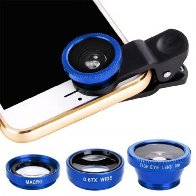 3 In1 Mobile Phone Camera Lens Kit Fish Eye Super Wide Angle With Black Universal Clip Blue