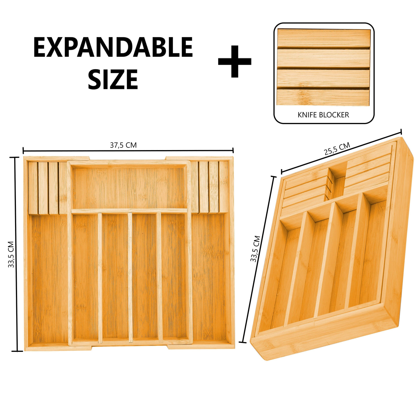 2 Pack Large Capacity Bamboo Expandable Drawer Organizer With Knife Block Holder For Home Kitchen Utensils