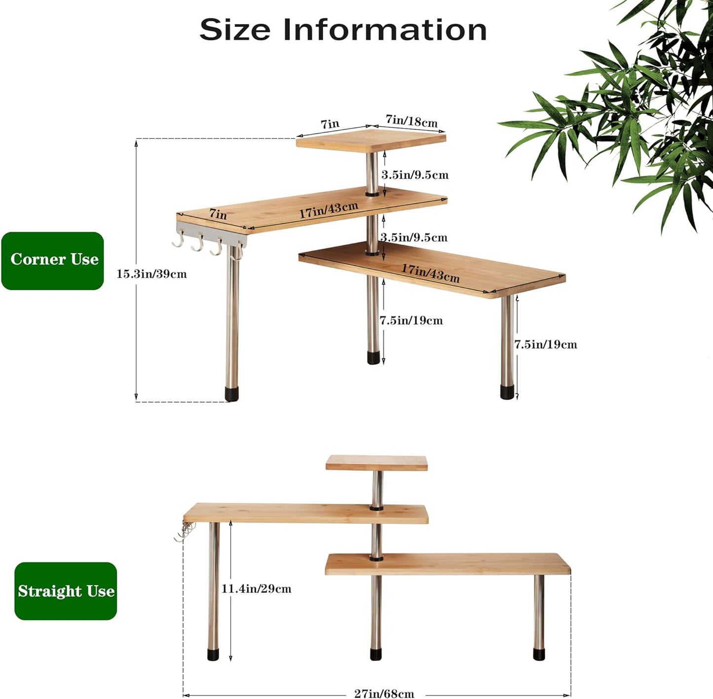 3 Tier Corner Shelf Kitchen Spice Rack Organiser With Hooks For Home Storage & Organisation Adjustable Bamboo Wall Pantr