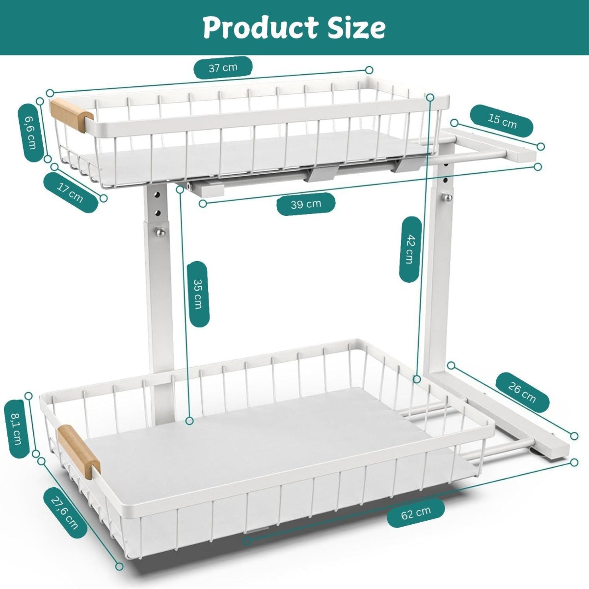 Carla Home 2 Tier Kitchen Under Sink Organiser Storage With Height Adjustable Unique Slide Rail & Suction Cups For White