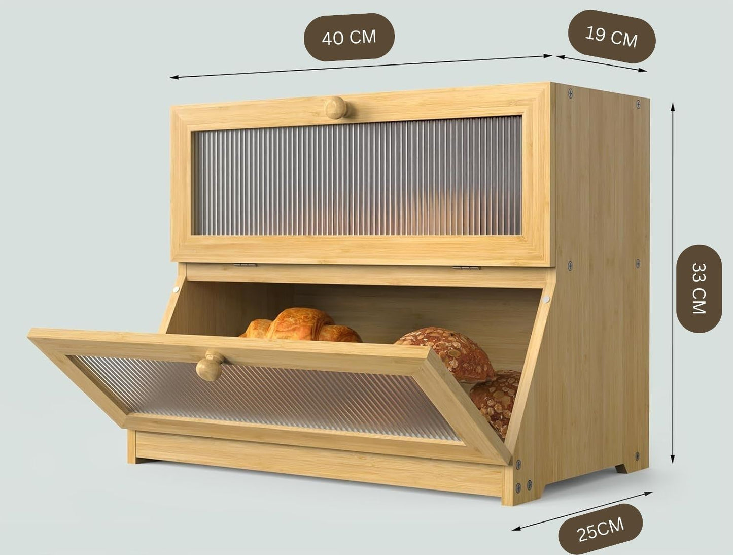 Carla Home Double Layer Bamboo Bread Box For Kitchen Counter With Large Capacity And Clear Window