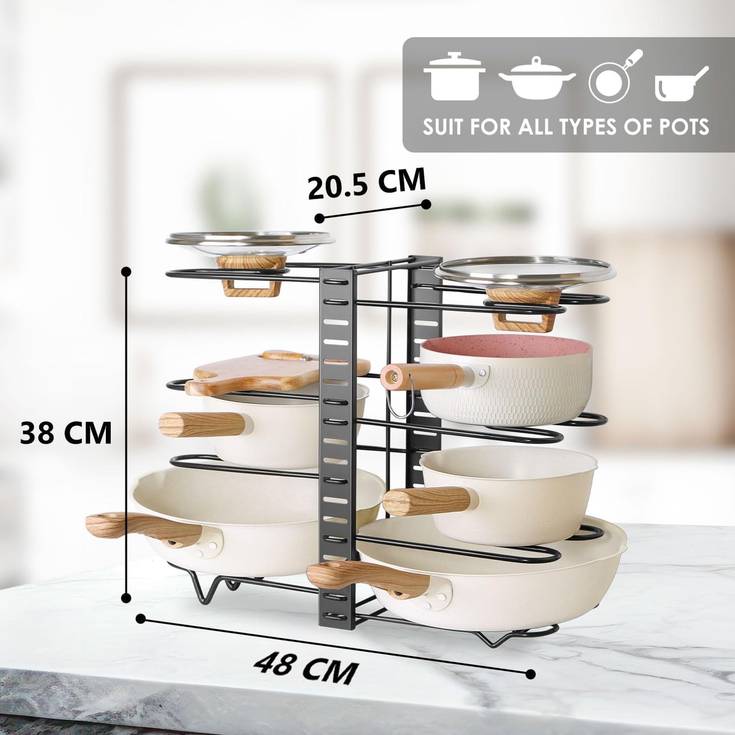 Carla Home Adjustable 8 Tier Pan Rack Pot Organizer For Kitchen Cabinet