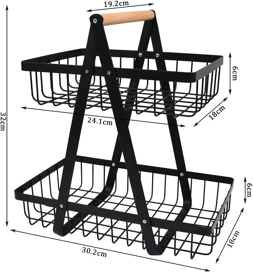 Carla Home 2 Tier Fruit Basket Stand For Kitchen Countertop Fruits Vegetables Bread & Snacks With Wooden Handle