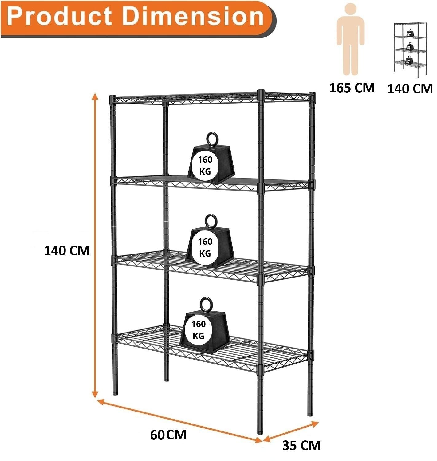Carla Home 4 Tier Adjustable Metal Storage Shelves Wire Rack Organizer For Kitchen Pantry Bathroom Laundry Room (60Cm X