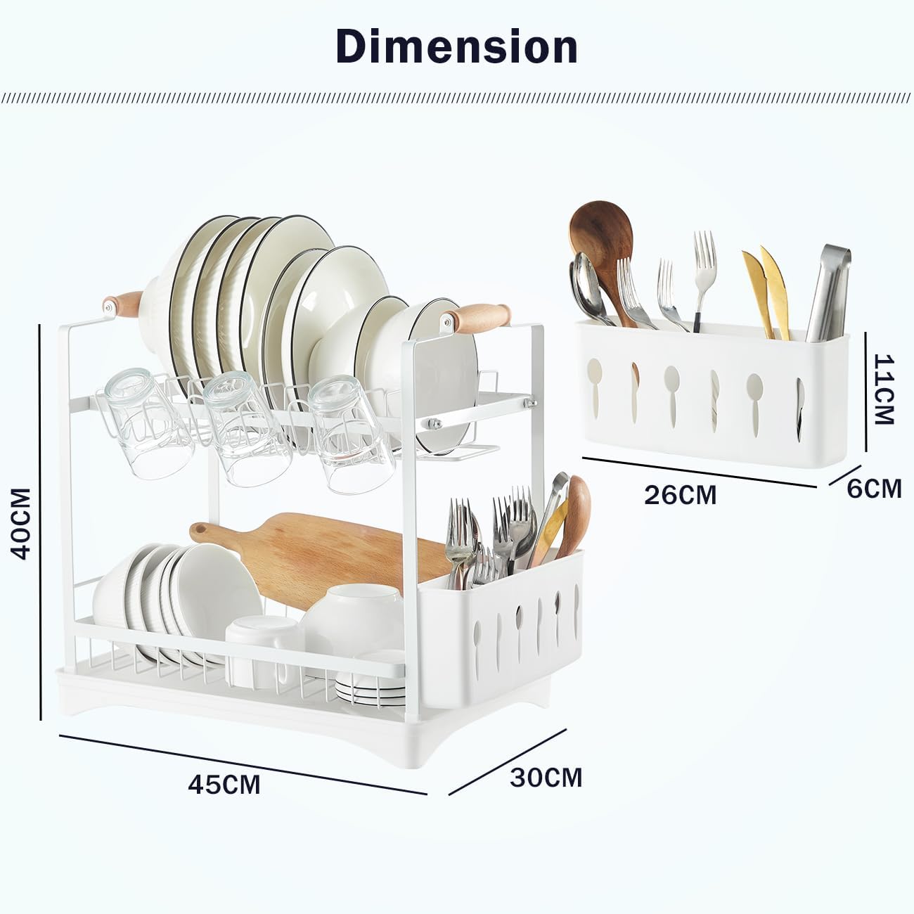 Carla Home 2 Tier Large Dish Drying Rack With Drainboard Utensil Holder Glass Hooks & Cutlery Storage (White)