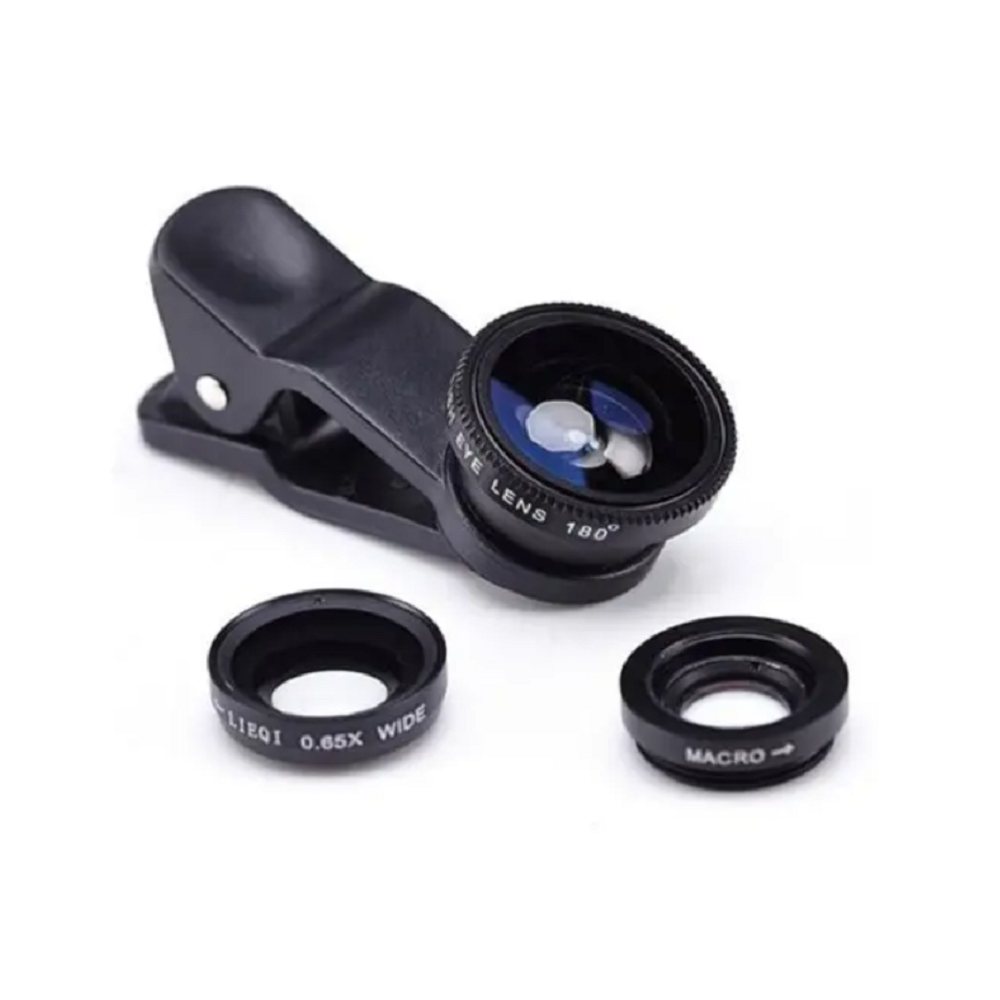 3 In 1 Mobile Phone Lenses Fish Eye Wide Angle Macro Camera For Iphone X / 8 Plus Xiaomi Huawei Samsung Black