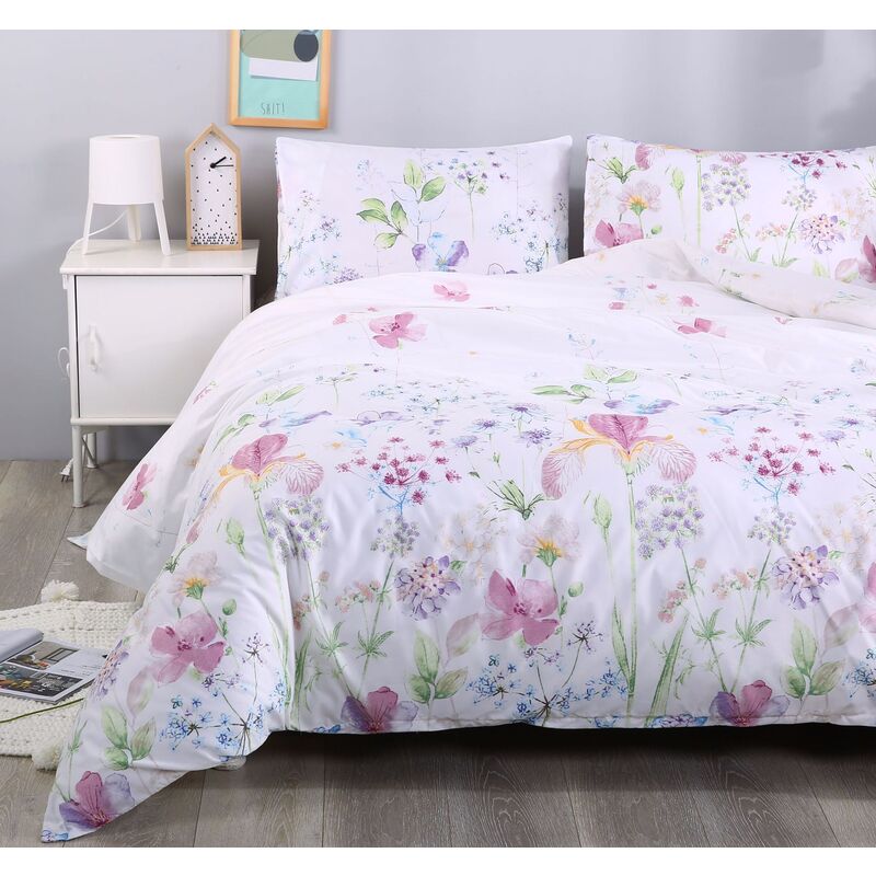 3Pcs Queen Bed Quilt Cover Set One Two Pillowcases White Purple Floral