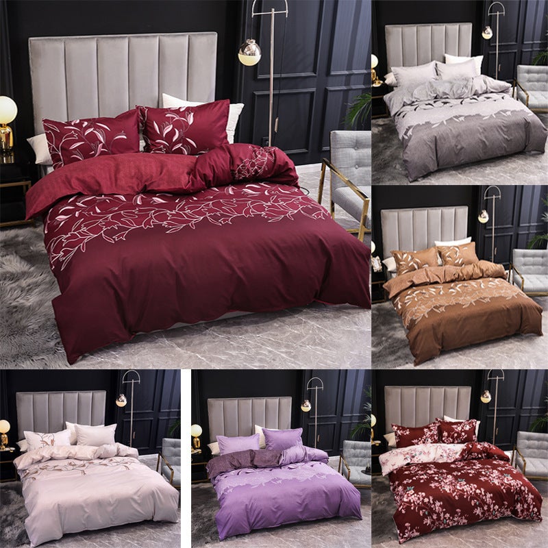 3Pcs Queen Bed Quilt Cover Set One Two Pillowcases Leafy Wine Red