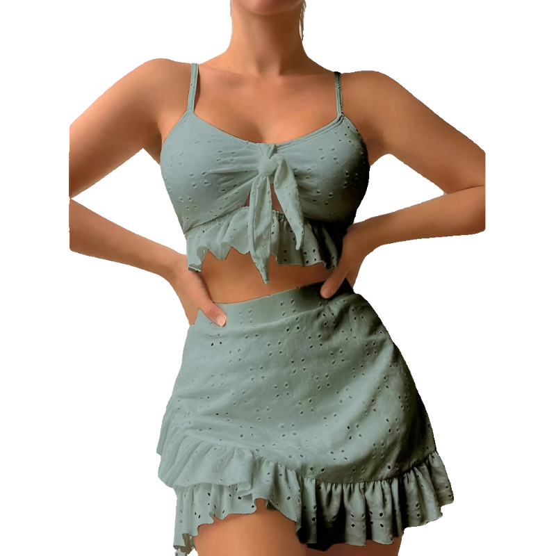3Pcs Beach Bikini With Hip-Hugging Skirt Fashion Ruffle Design Swimsuit Set Summer Womens Clothing