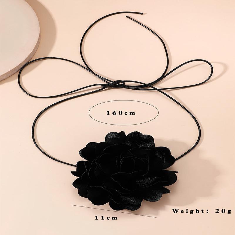 Veile Studios Retro Black Satin Peony Flower Neck Strap Necklace For Evening Fashion Wear