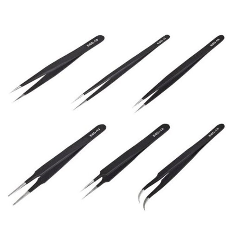 6Pcs Esd Stainless Steel Antistatic Tweezers Electronic Repair Tools Black