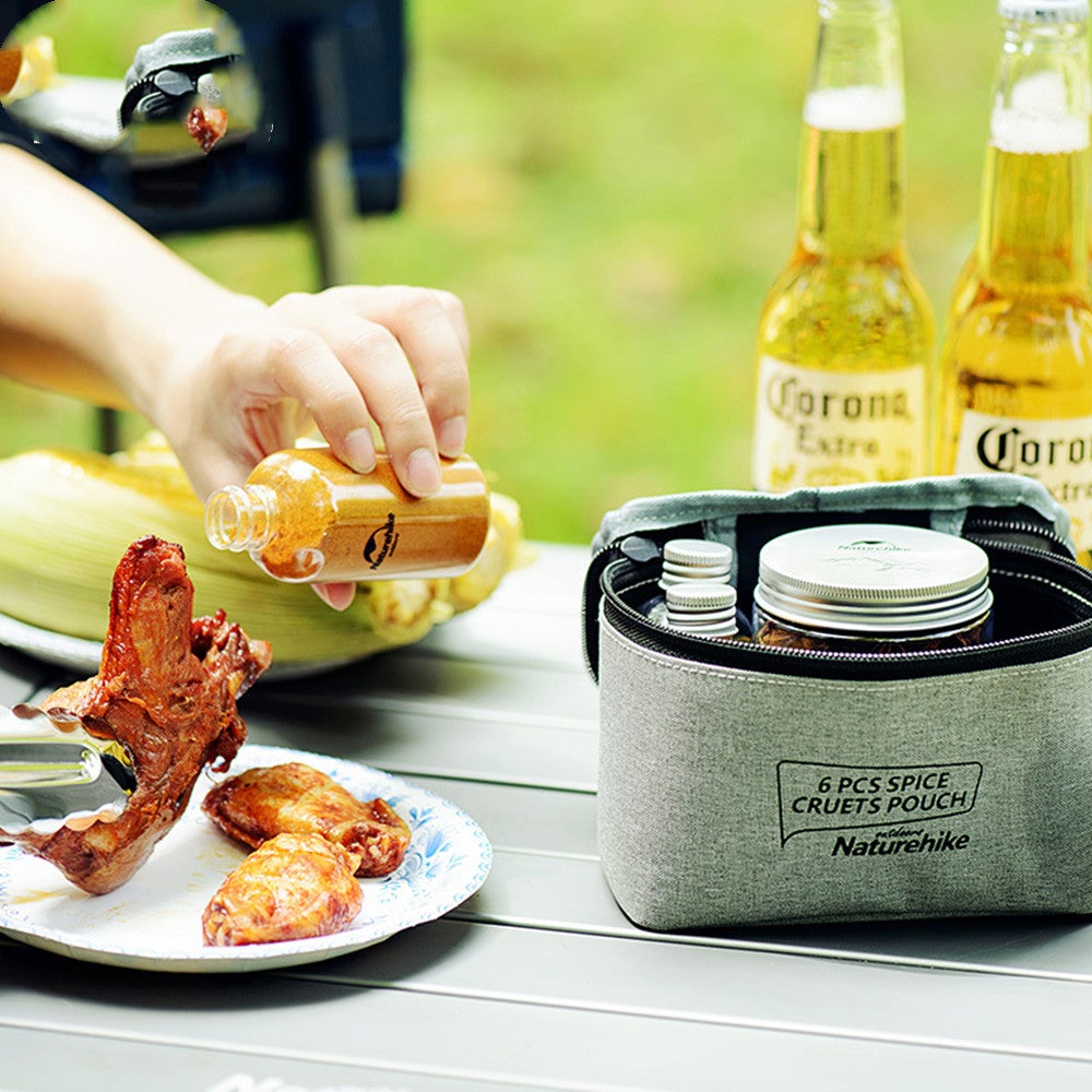6Pcs Outdoor Camping Tableware Storage Container Seasoning Bottles Cans With Bag For Bbq Portable Picnic Nh17t011