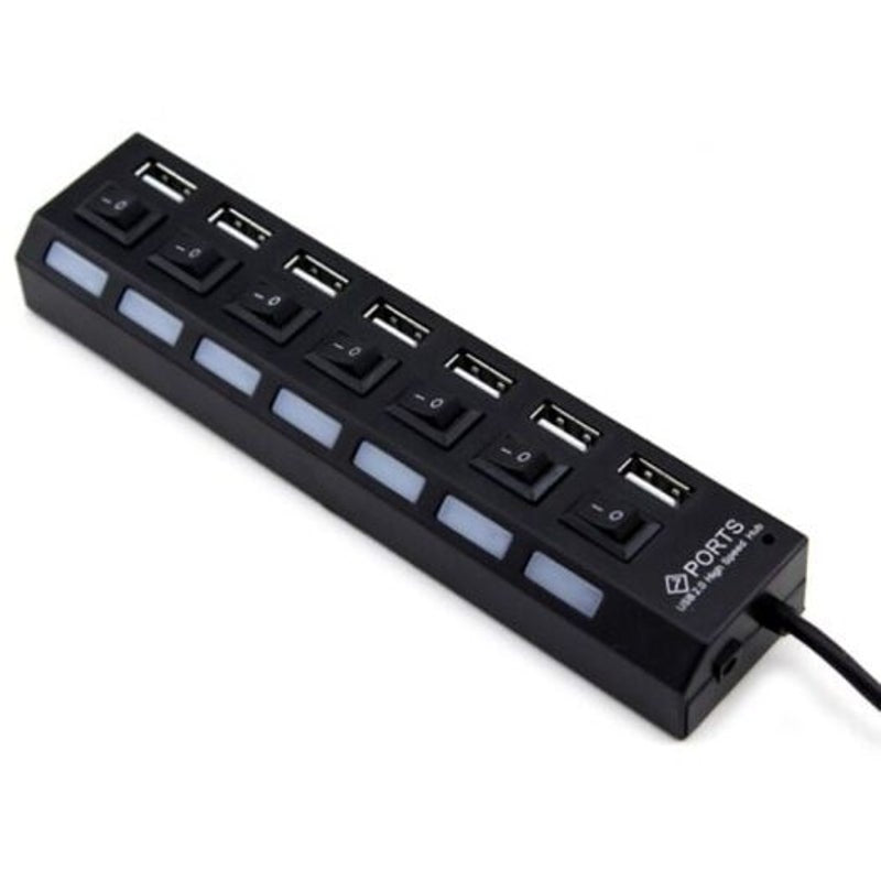 7 Port Usb 2.0 Switch Hub With Independent Black