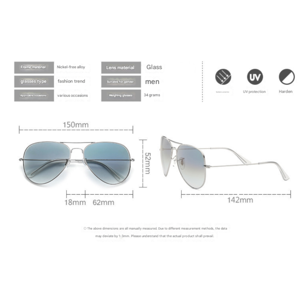 Elosung Black Frame Gradient Blue Glass Lens Classic Aviator Sunglasses Uv400 Protection With Metal