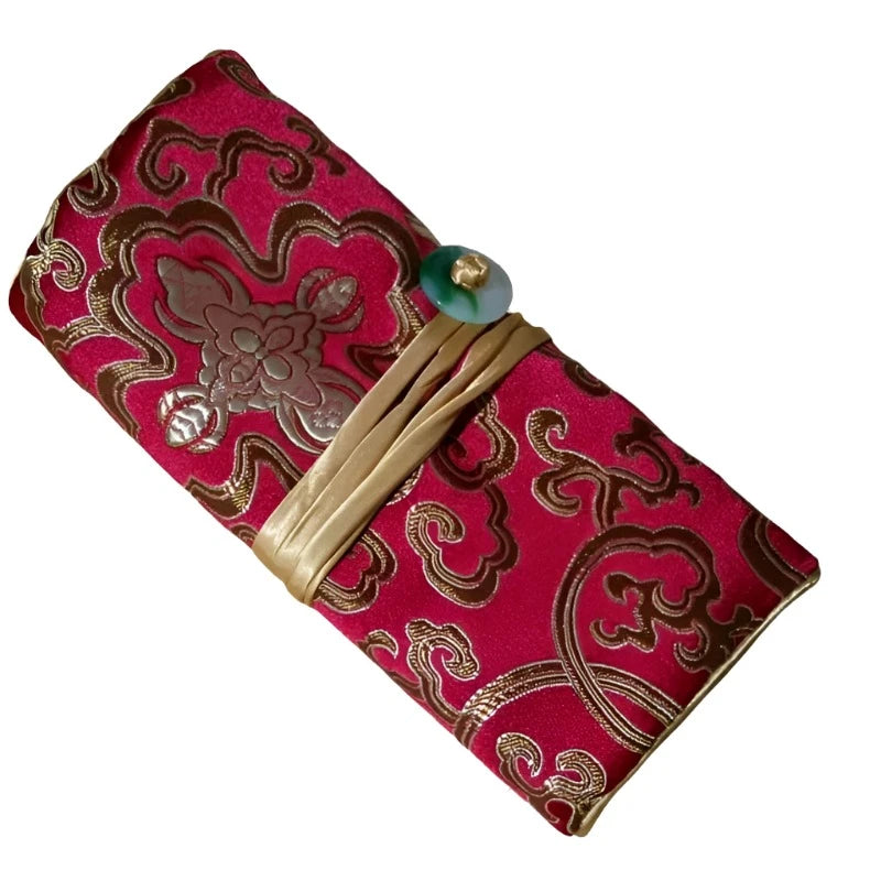 Chinese Silk Brocade Jewelry Roll Up Bags Travel Storage Pouch For Accessories