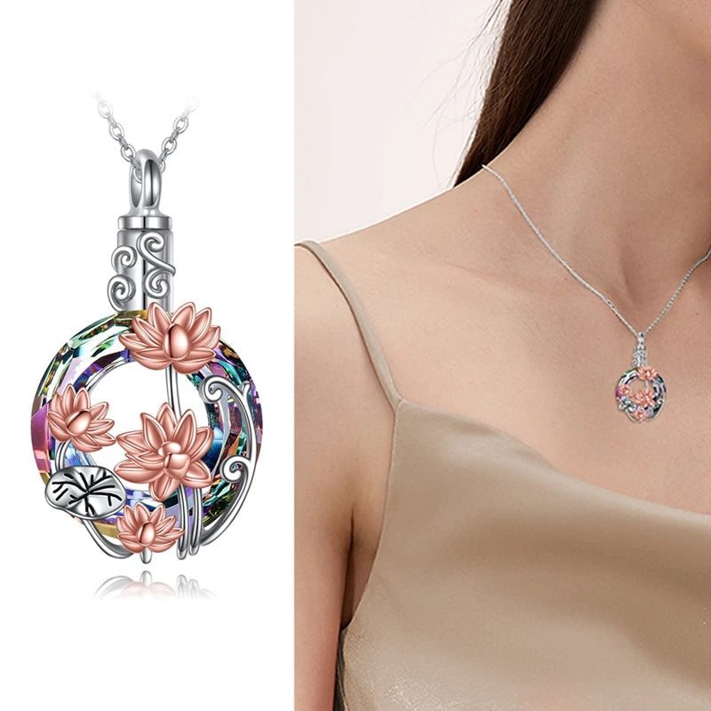 Crystal Flowers Cremation Ash Urn Necklace Lotus Pendant For Men Women