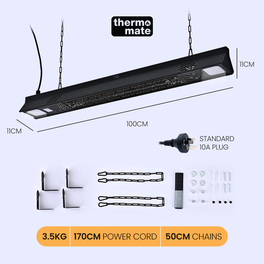 Thermomate 2000W Electric Outdoor Strip Heater Carbon Fiber Element Wall Ceiling Or Hanging Mount Remote Led Screen 9 Ra