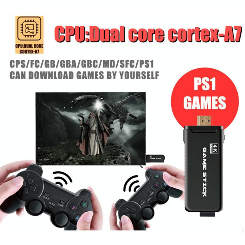 64 Gigabyte 4K Retro Video Game Console Stick With Wireless Controllers And Games