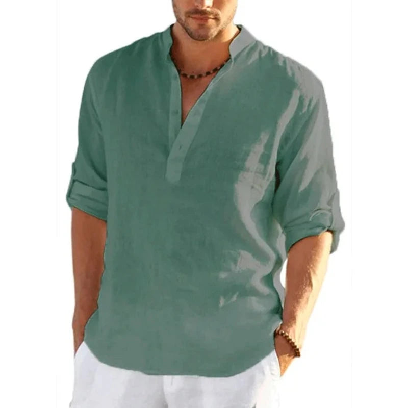 New Men's Linen Long Sleeve T Shirt Solid Color Loose Casual Cotton