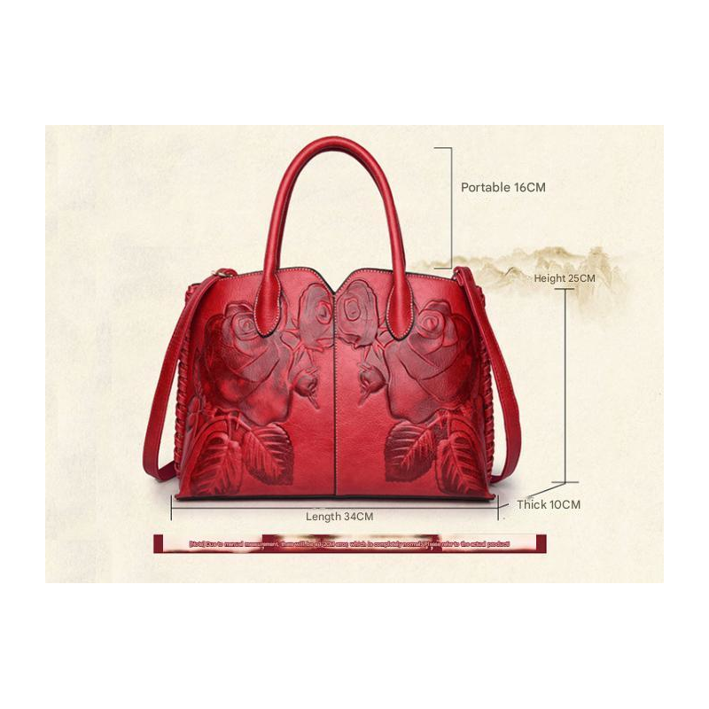Red Elegant Embossed Rose Leather Handbag Vintage Style Tote Bag