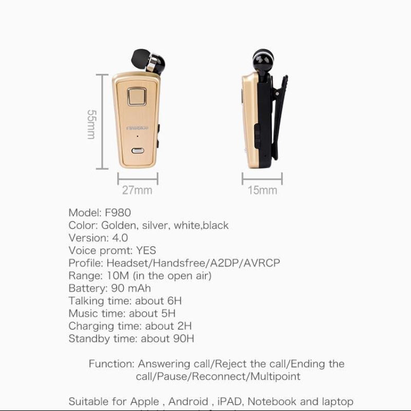 Retractable Bluetooth Headset With Caller Reminder And Anti Theft Feature