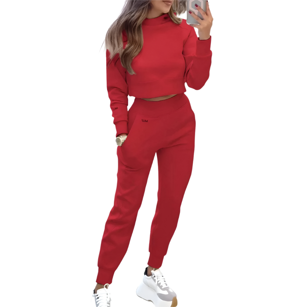 Stand Collar Sports Suit Fashion Pullover Long Sleeves Short Top And Slim Trousers With Pockets Solid Outfits Women's Cl