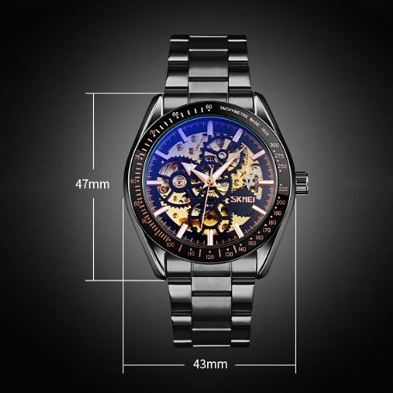 Veile Studios Men Automatic Skeleton Mechanical Watch With Steel Band Black