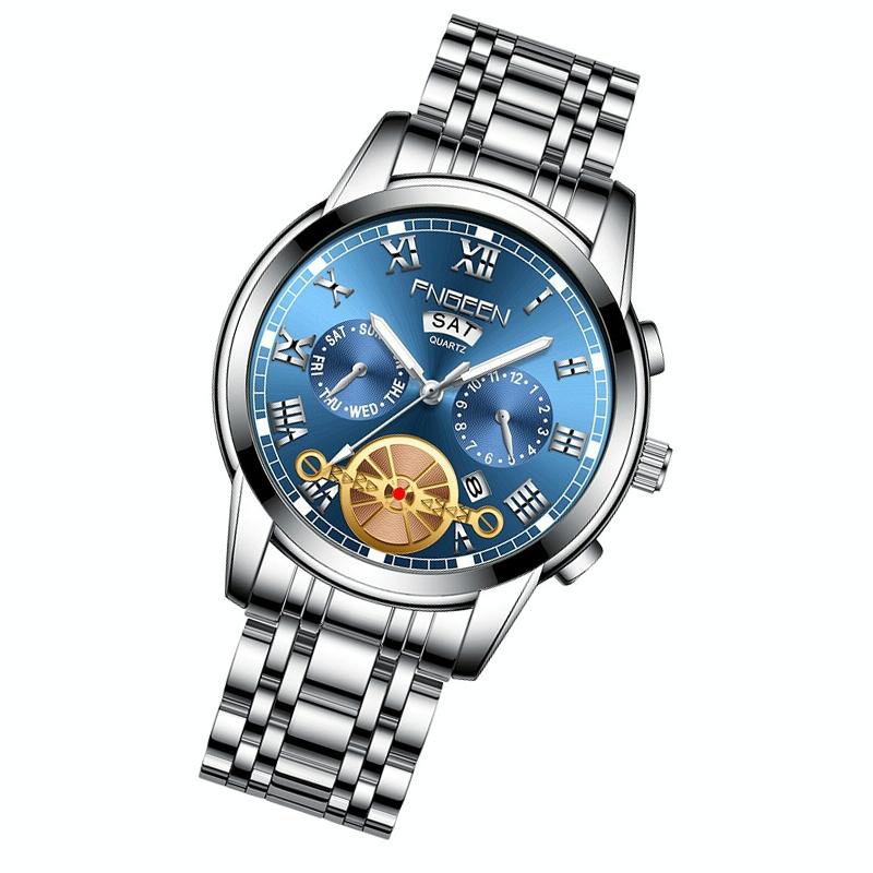 Veile Studios Men's Multi Function Quartz Watch With Blue Dial And White Steel Band Elegant Design