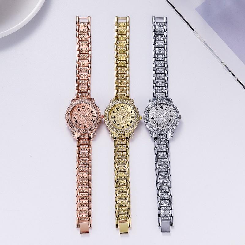 Veile Studios Gold Full Diamond Roman Steel Strap Quartz Watch With Casual Design
