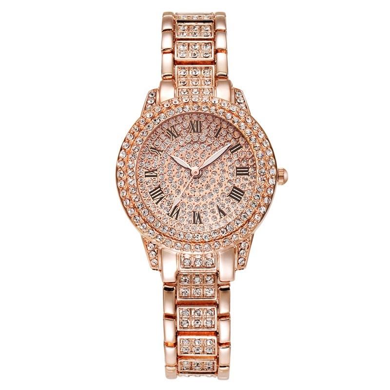 Rose Gold Full Diamond Roman Steel Strap Quartz Watch