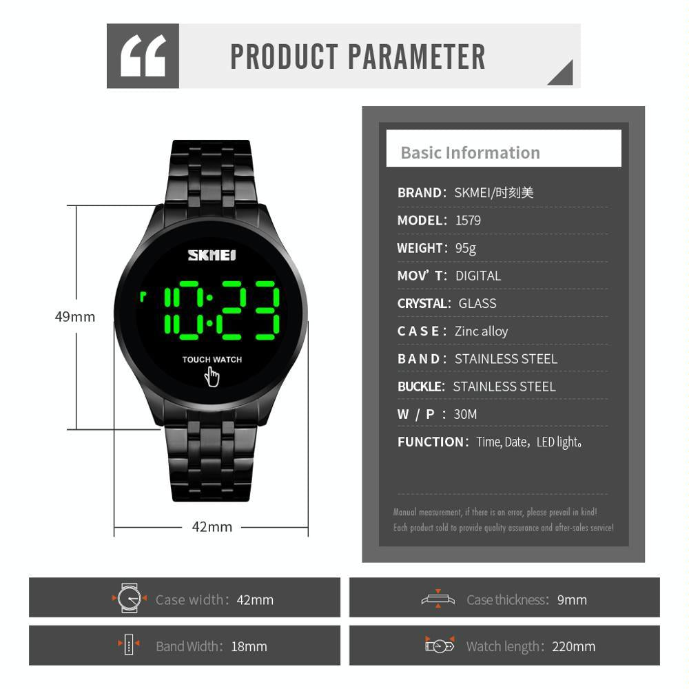 Stainless Steel Touch Screen Led Watch With Waterproof Functionality