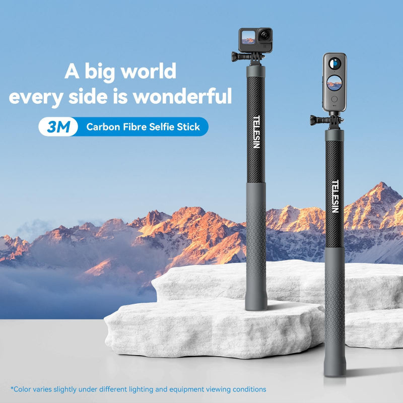 3 Metre Carbon Fibre Selfie Stick Monopod For Action Cameras With 1/4 Screw