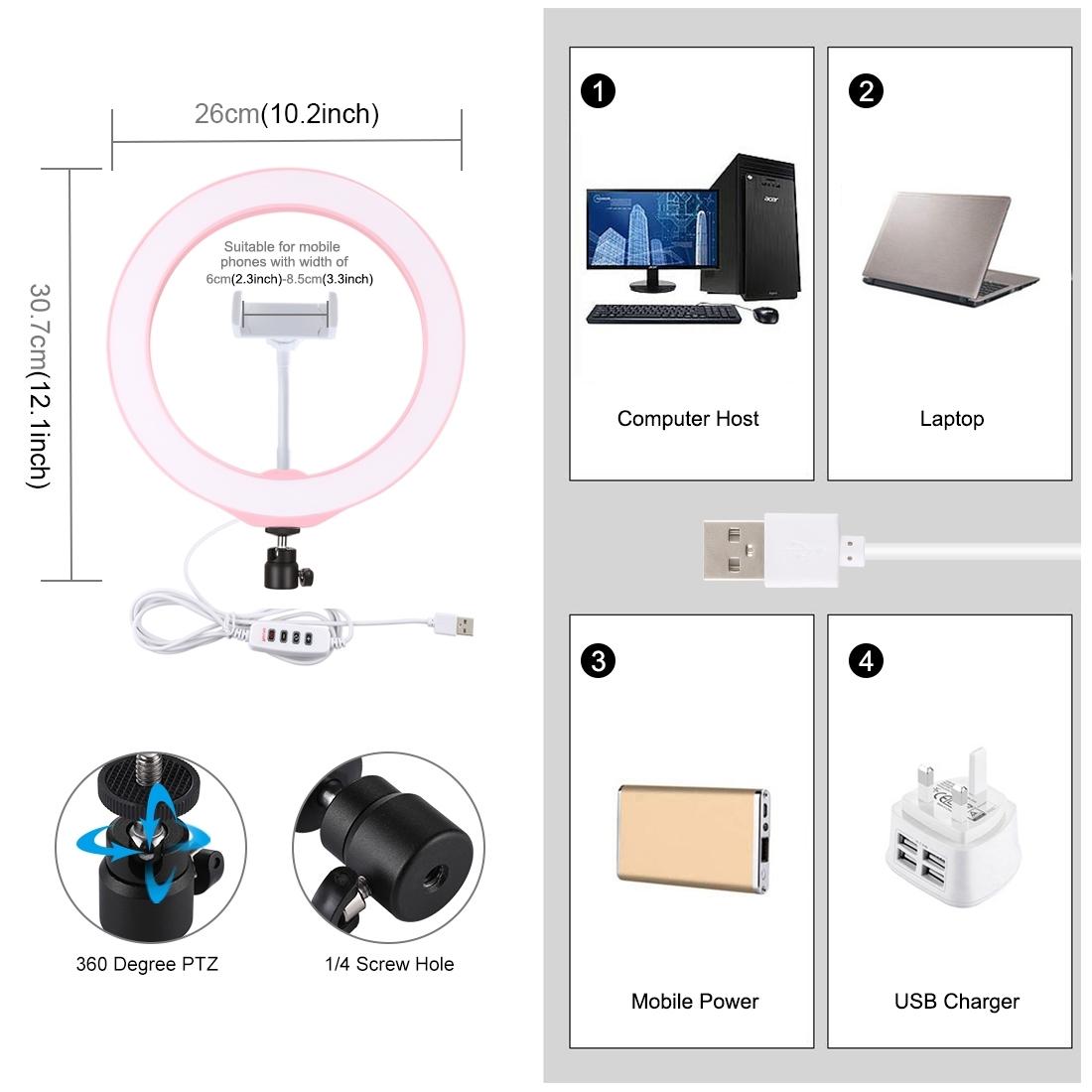 26Cm Dimmable Led Ring Light With Tripod And Phone Clamp