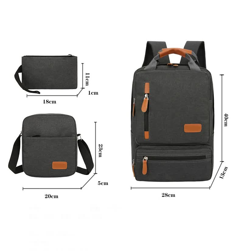 3 Piece Black Travel Backpack Set Stylish Multi Functional Shoulder Bag Pouch