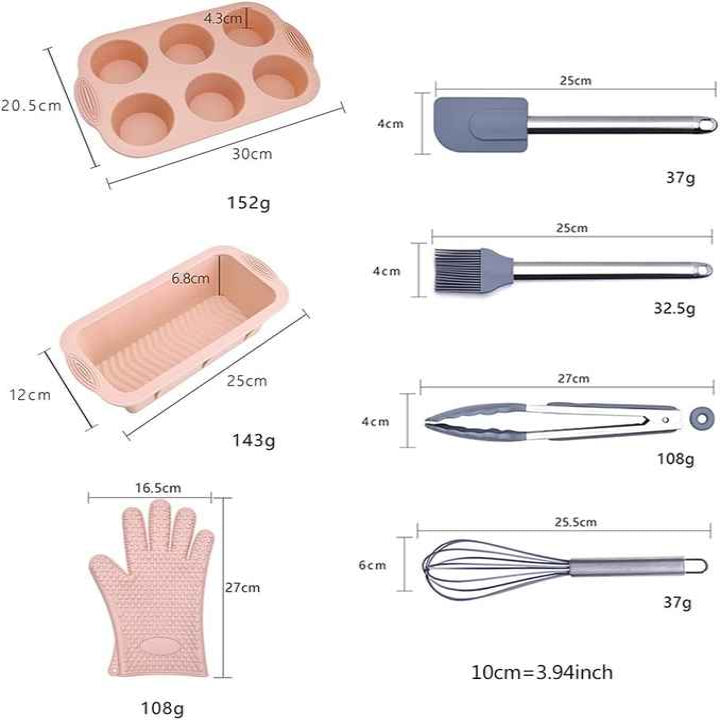 Elosung Pink 7 Piece Silicone Bakeware Set With Whisk Spatula Brush Gloves And Cake Molds For Home Baking