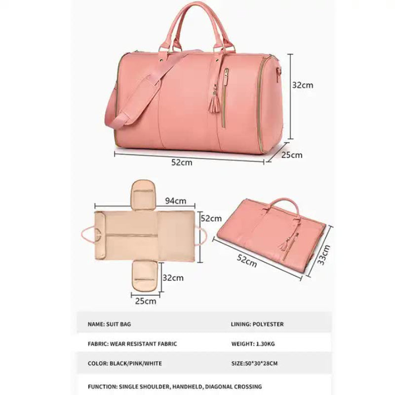 Elosung White And Brown Pu Leather Foldable Garment Bag Women's Travel Duffel With Suit Carrier Multi Function Storage