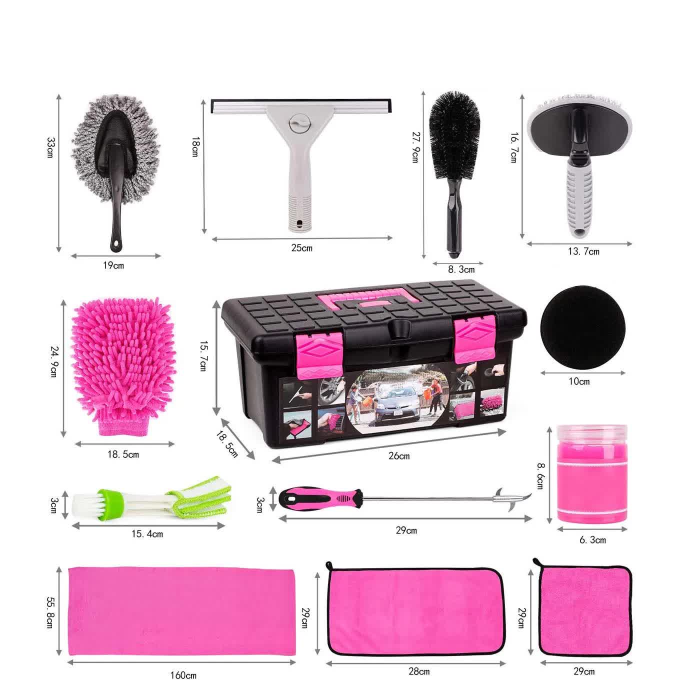 18 Piece Car Cleaning Kit Pink Auto Detailing Set With Storage Toolbox