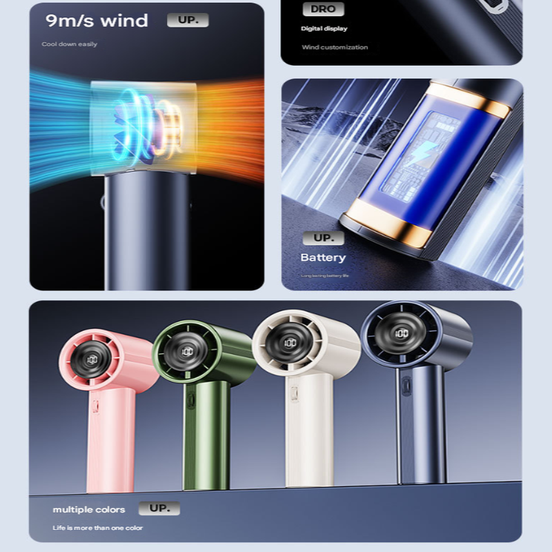 Blue High Power Handheld Fan With Digital Display
