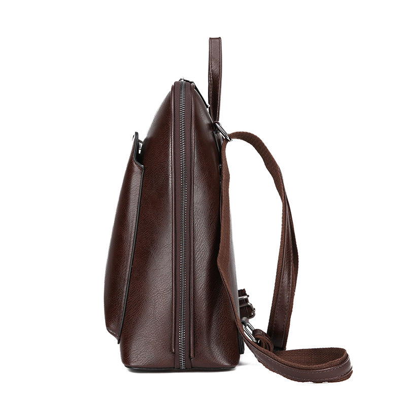 Brown Pu Leather Backpack Stylish Anti Theft Multi Pocket Travel Bag