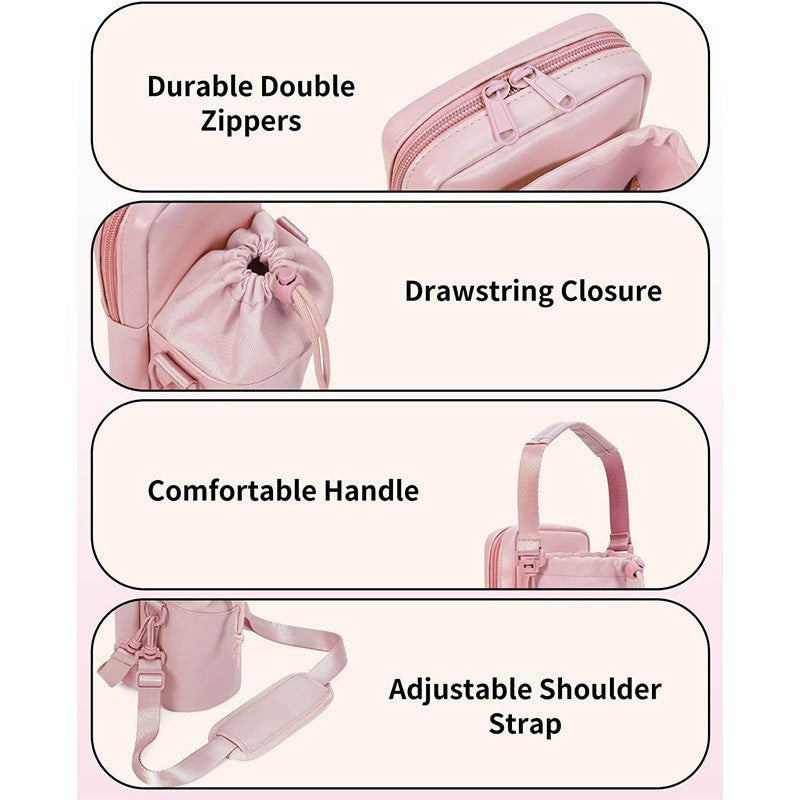 Pink Stylish Water Bottle Carrier Bag With Phone Pocket Key Clip & Adjustable Strap - Crossbody Sling Holder