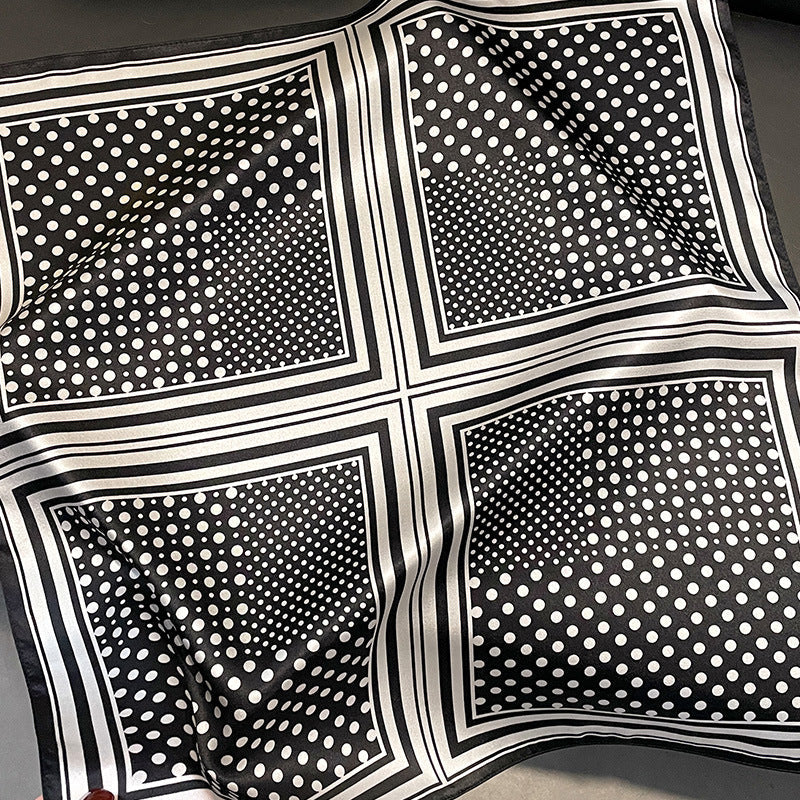 Black Polka Dots 53Cm Silk Scarf 100% Mulberry Floral Print Women's Square Shawl (Style 5)