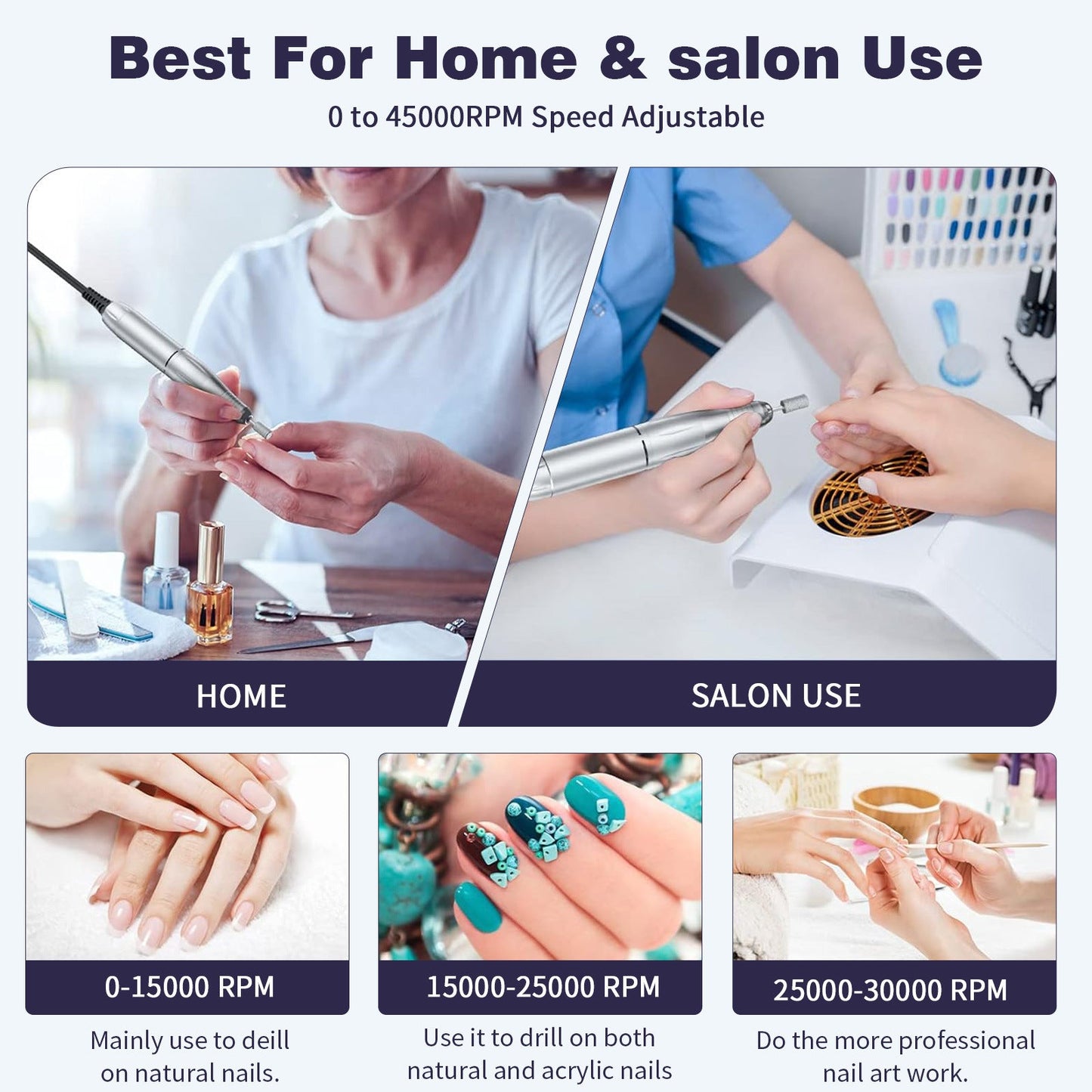 White Electric Nail Drill Rechargeable Speed Low Vibration